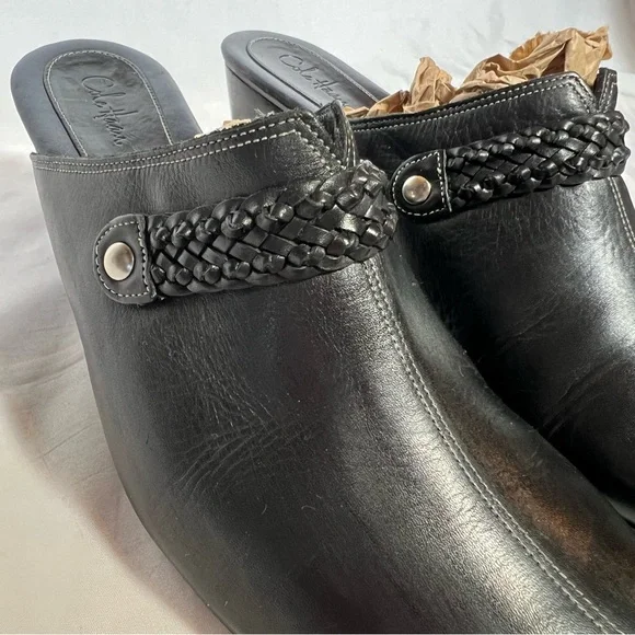 Cole Haan Black Leather Wedge Slip-On Clogs Mules Woven Strap Detail Size 9.5 - Picture 2 of 15